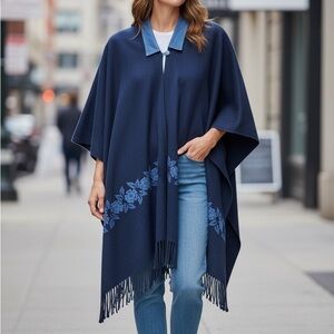 Navy Blue Floral Women's Cape -One Size